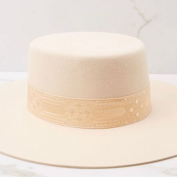 LACK OF COLOR LOC SIERRA BOATER HAT CREAM GOLD VINTAGE RIBBON FREE PEOPLE WIDE - Picture 8 of 12